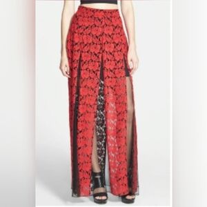 90s Tildon Pleated Panel Mesh Maxi Column Skirt Small Red Black